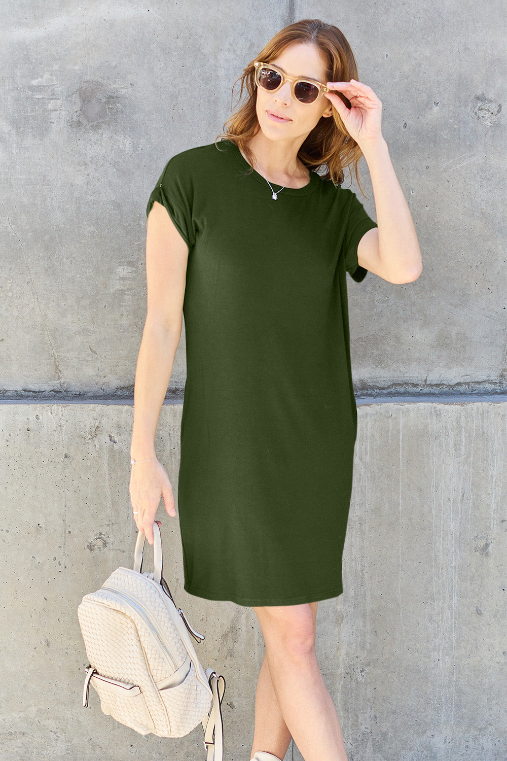 Comfy Round Neck Short Sleeve Dress with Pockets