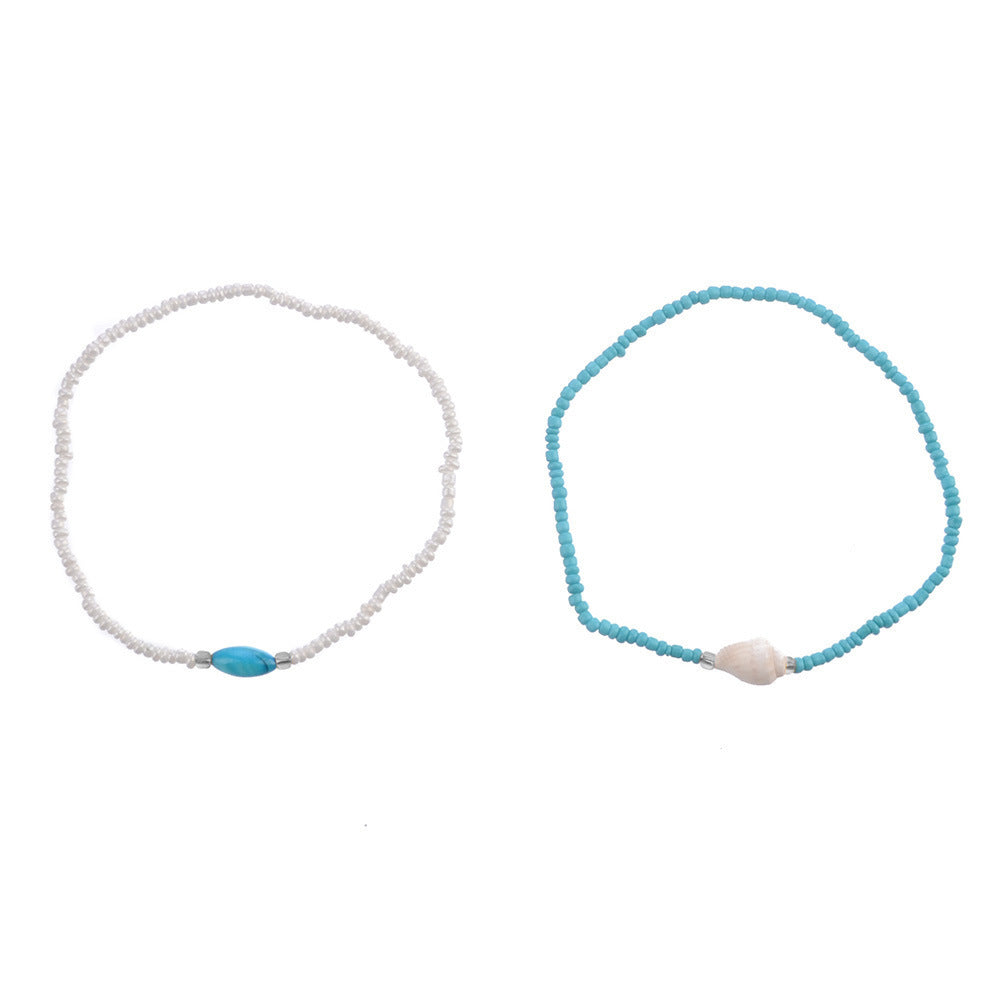 Beach Boho Style Handmade Beaded Turquoise Pearl Seashell Anklet Set - 2 Anklets Included.