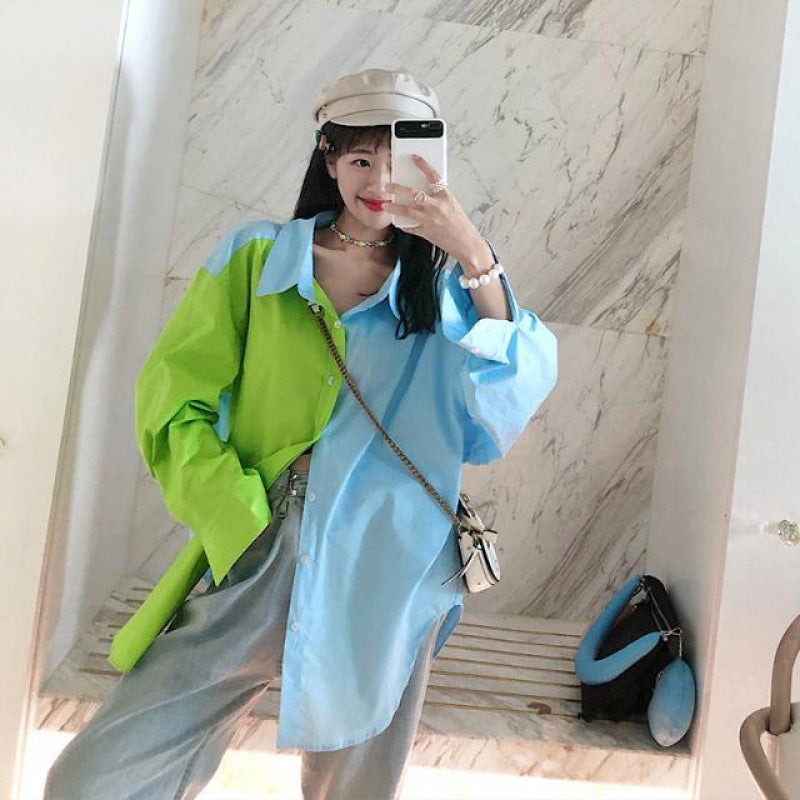 Two Tone Loose Fit Button Down Long Sleeve Shirt