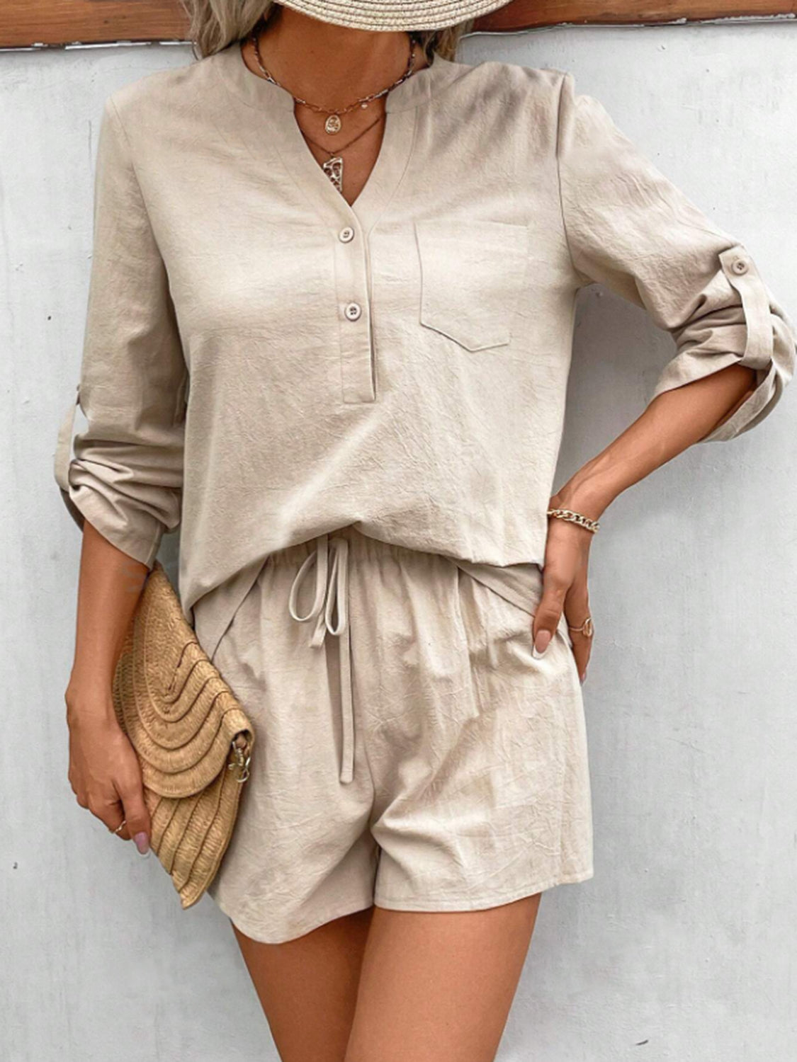 Buttoned Notched Long Sleeve Top and Shorts Set