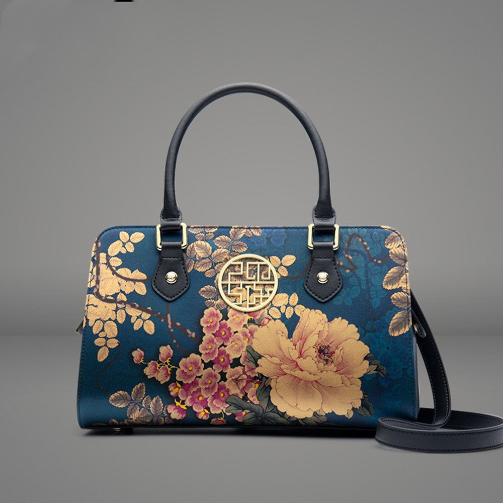 Genuine Silk Messenger Style Handbag with Leather Shoulder Strap.