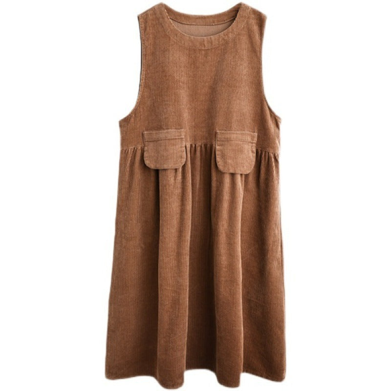 Artistic  Corduroy Mid-length Sleeveless Vest Dress Dress