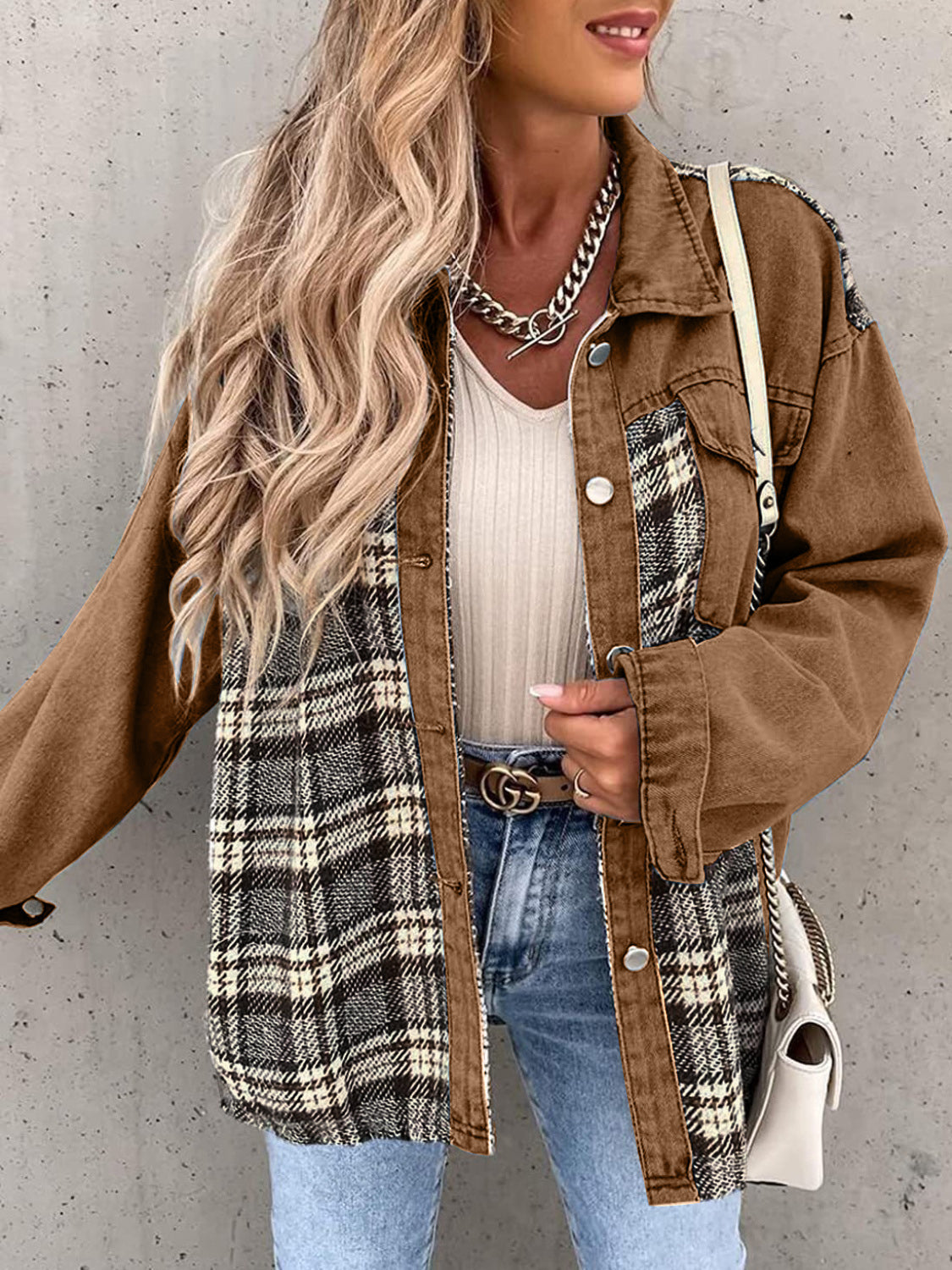 Black White Plaid Button Up Dropped Shoulder Denim Jacket