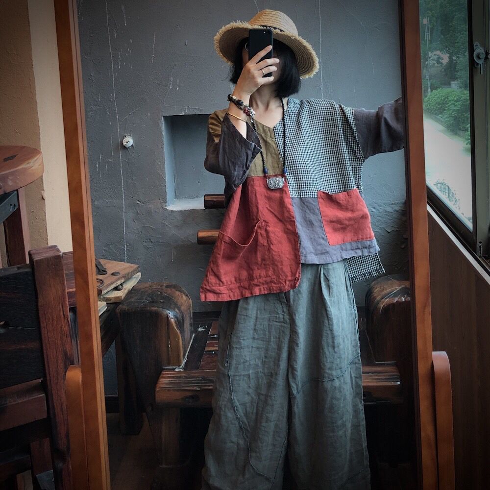 Vintage Patchwork Linen Loose 2 Piece Casual Set