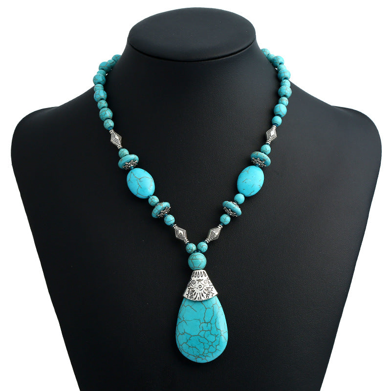 Bohemian Turquoise Water Drop Pendant Necklace.