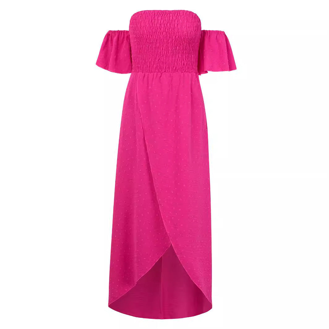 Love Summer Off-Shoulder Slit Dress Pleated Ruffle Maxi Dresses