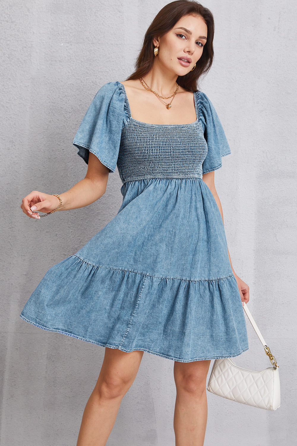 Smocked Perfection Square Neck Mini Denim Dress