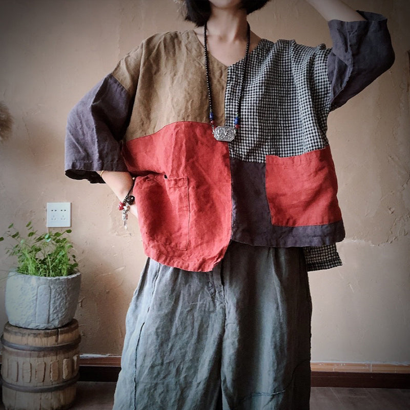Vintage Patchwork Linen Loose 2 Piece Casual Set