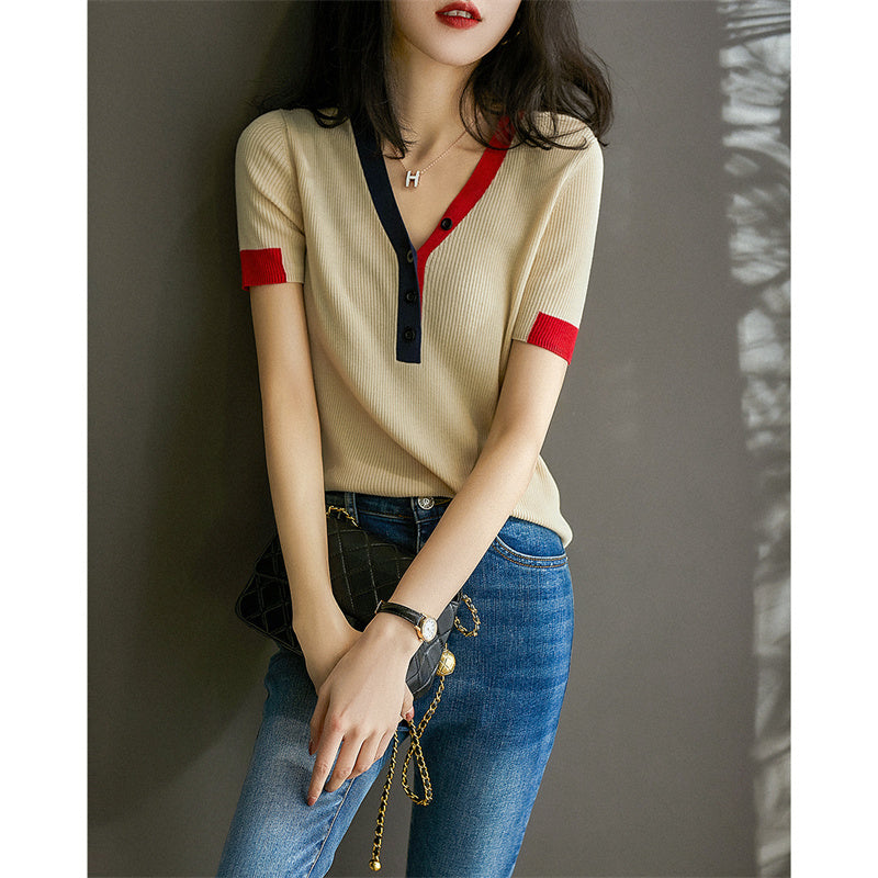 Urban Chic V-neck Blouse with Loose Short Sleeve