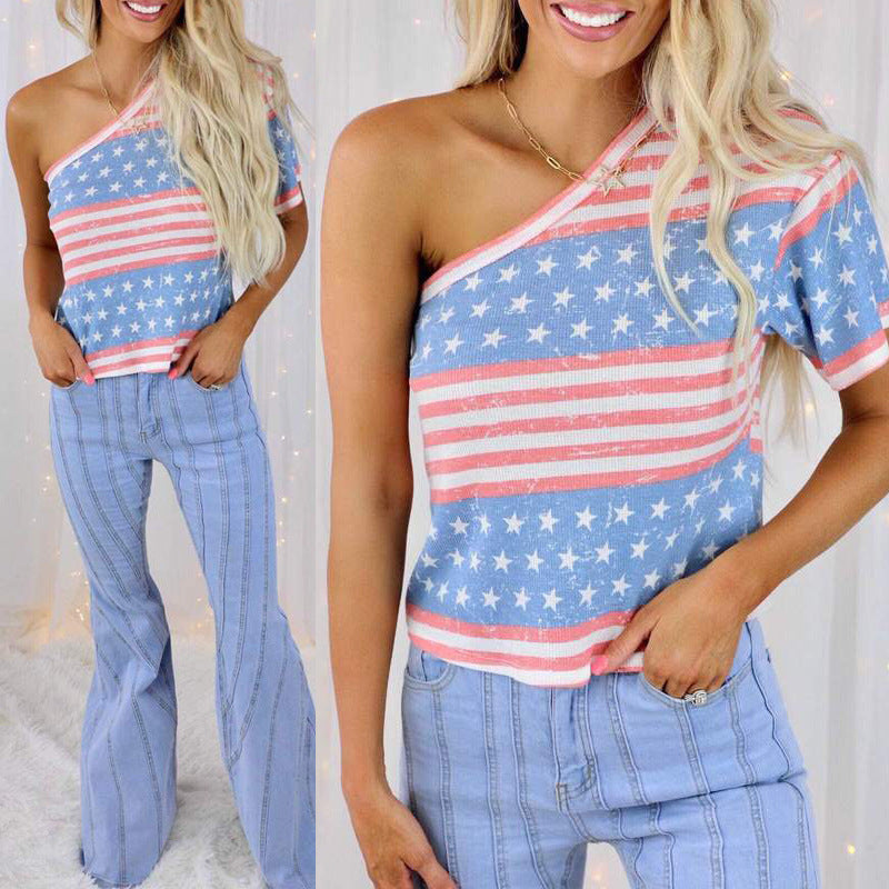 America Flag Printed Slanted Shoulder Top