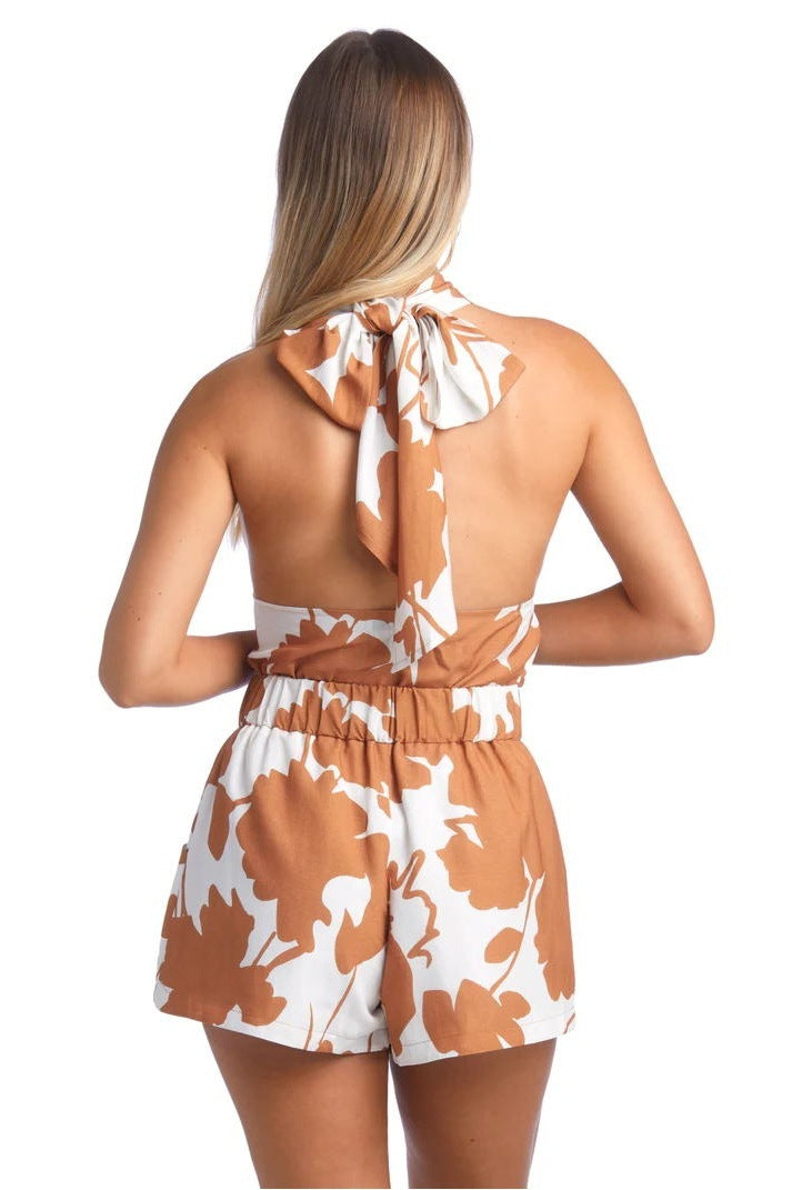 Printed Lace Up Backless Top Pocket Shorts Two-piece Dress