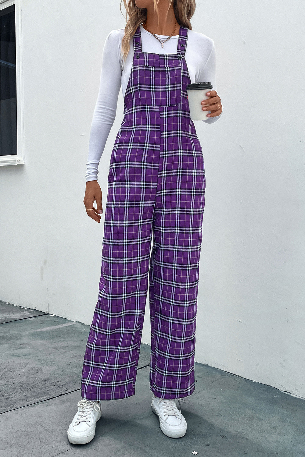 Vivid Voilet Plaid Straight Leg Overalls