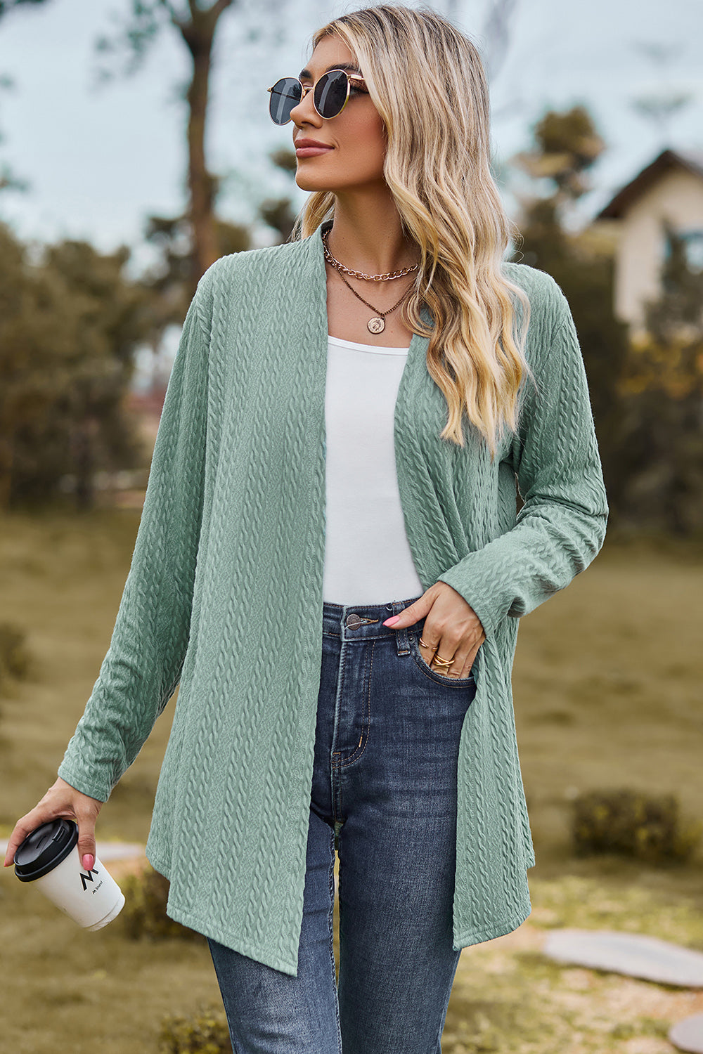 Classic Design Textured Open Front Long Sleeve Cardigan