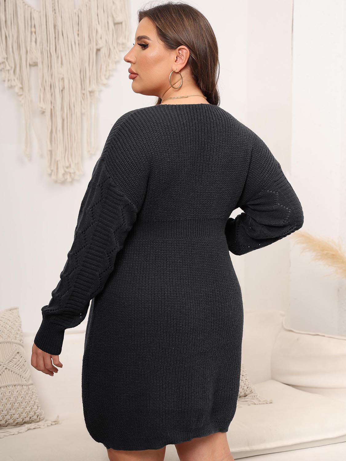 Plus Size Dropped Shoulder Long Sleeve Knit Sweater Dress