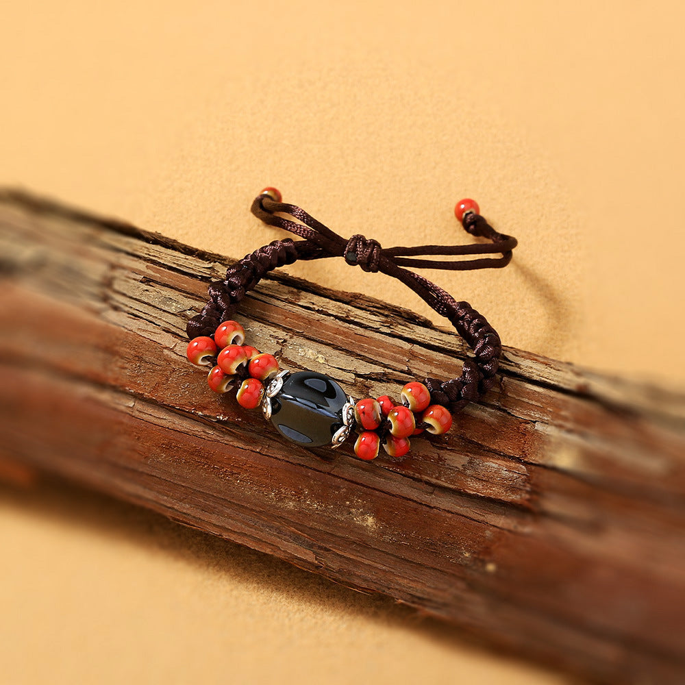 Handmade Braided Red-Black Beads  Bracelet - Adjusts to Fit All.