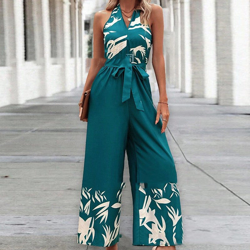 Forest Printing Belt Halter Backless Jumpsuit