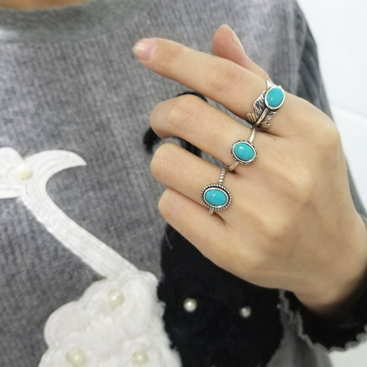 Genuine Turquois & Sterling Silver Jewelry Feather or Braided Vintage Ring - Adjustable Size..