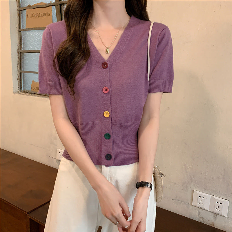 Ice Silk Knitted Short Sleeve Blouse