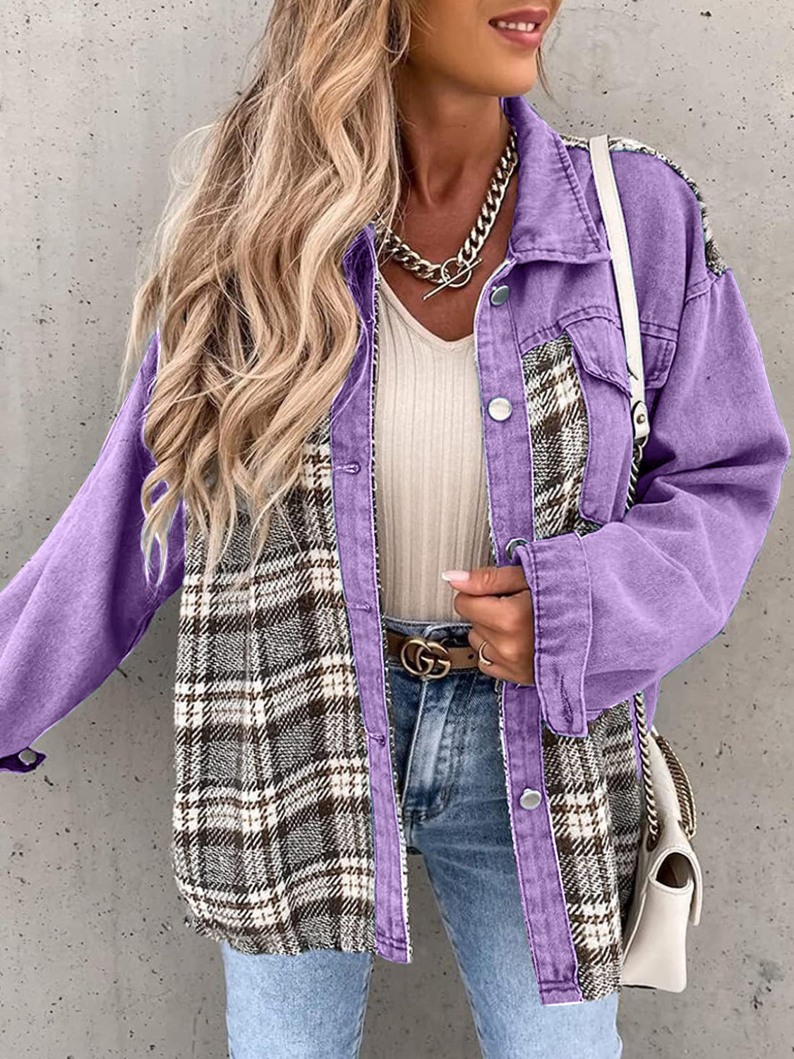 Black White Plaid Button Up Dropped Shoulder Denim Jacket