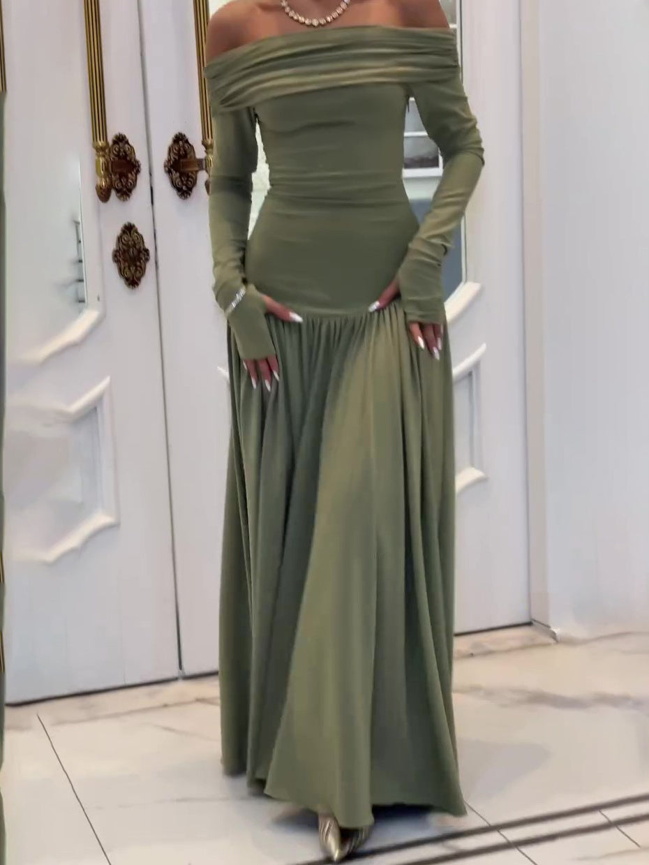 One Shoulder Long Sleeve Patchwork Maxi Dress