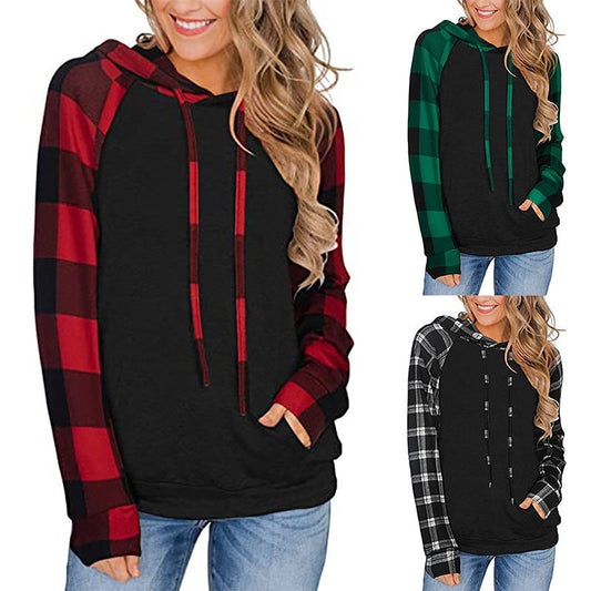 Plaid Hooded  Long-sleeved Color Matching  Hoodie Top