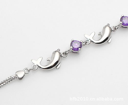 Playful Swimming Dolphins Amethyst 925 Sterling Silver Bracelet.