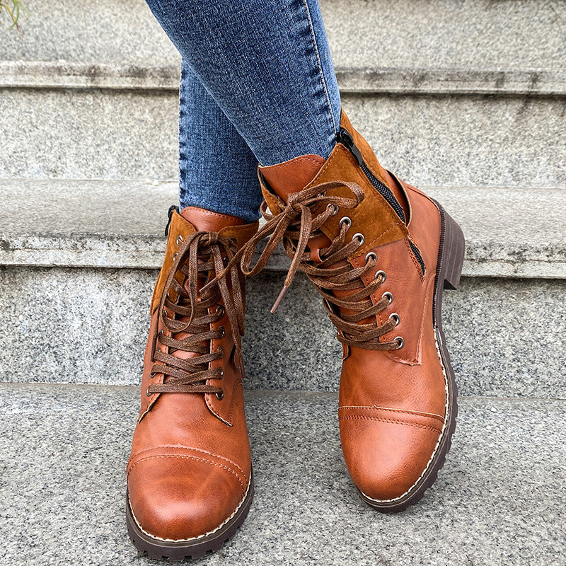 Genuine Leather Low Heel Lace-up Buckle Cowboy Boots