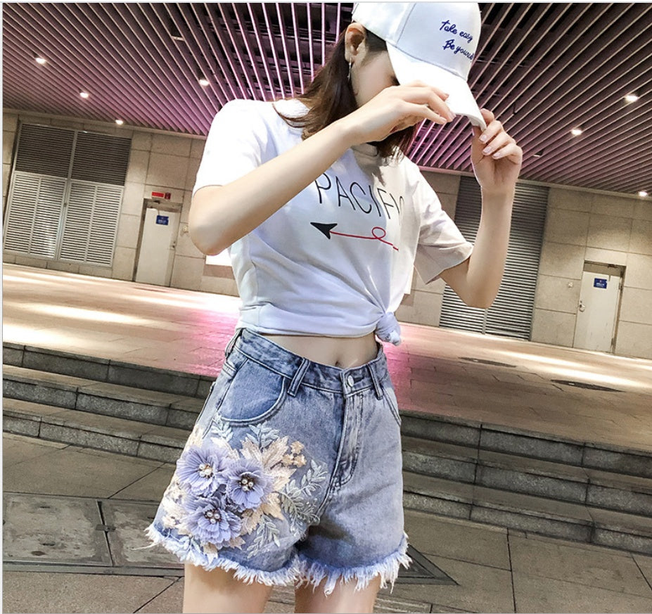 3D Flowers Embroidery High Waist Denim Shorts