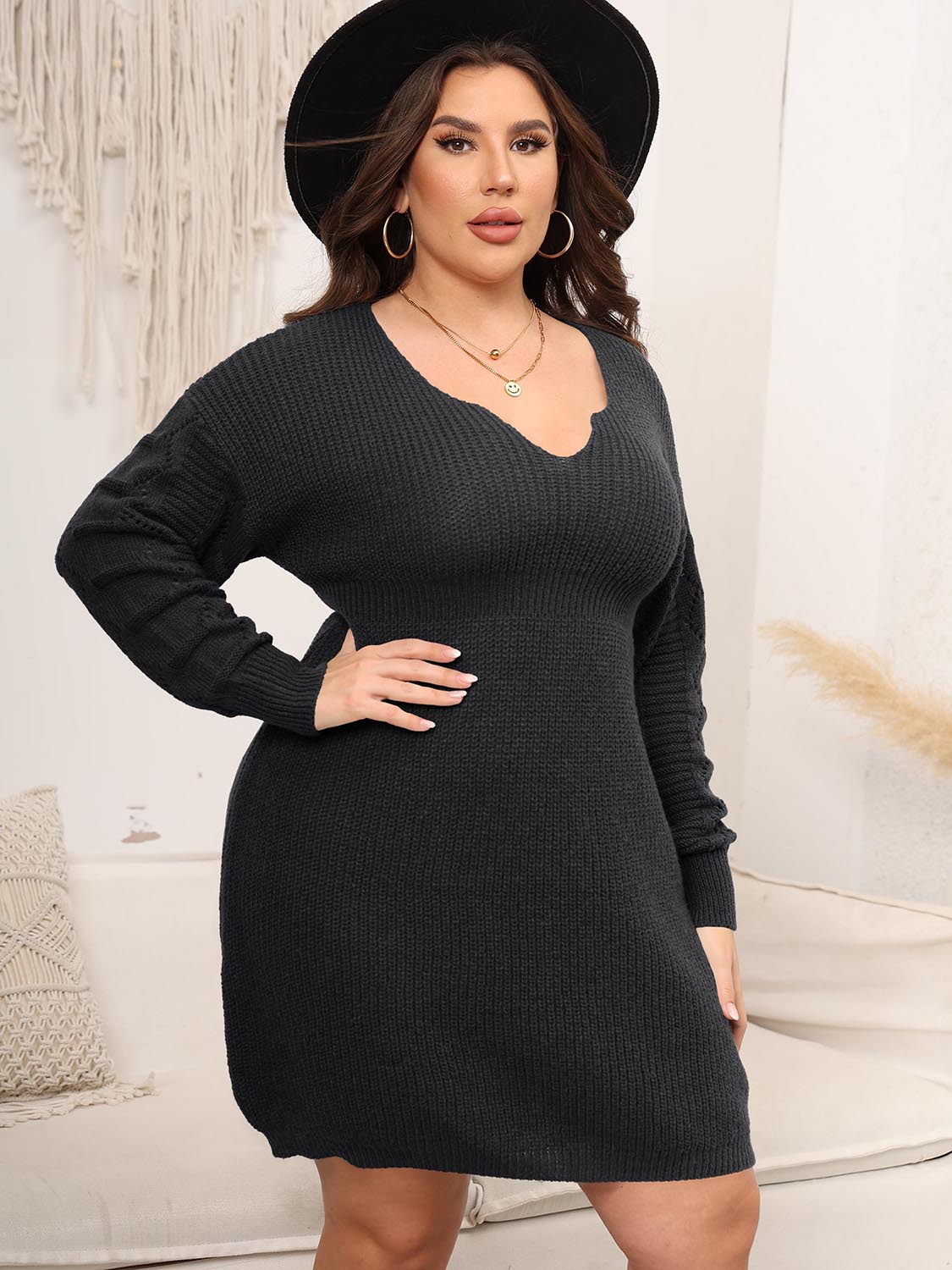 Plus Size Dropped Shoulder Long Sleeve Knit Sweater Dress