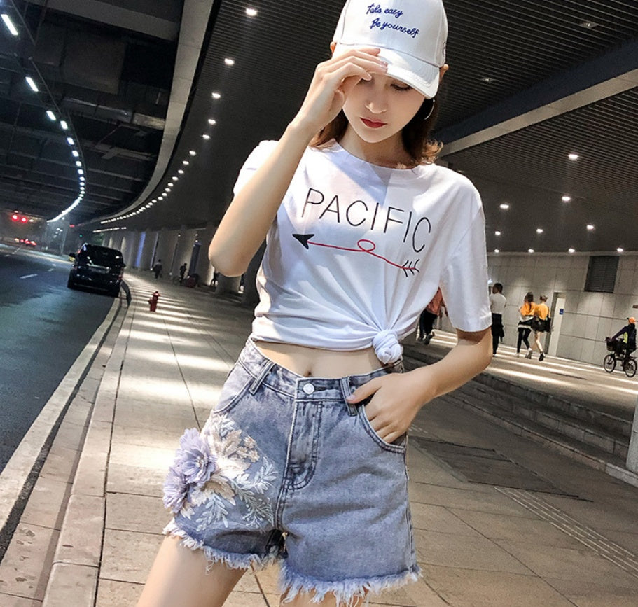 3D Flowers Embroidery High Waist Denim Shorts