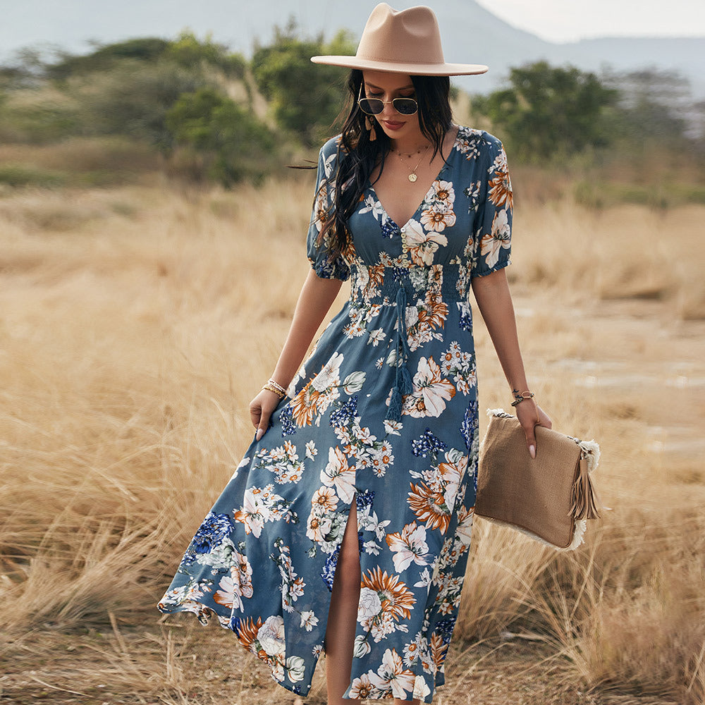 Floral V Neck Elastic Waist Summer Dress