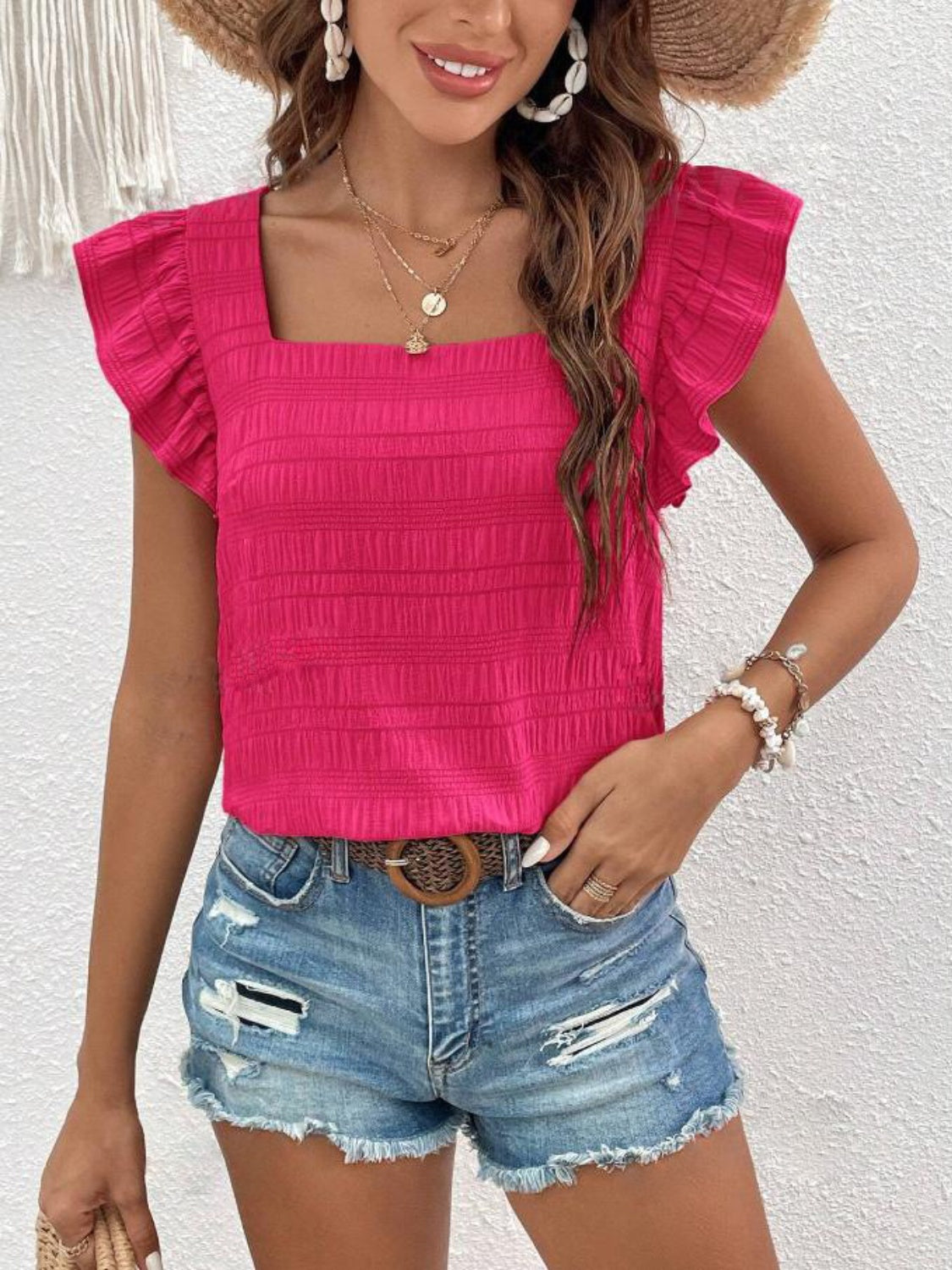 Ruffled Blouse with Square Neck & Cap Sleeve