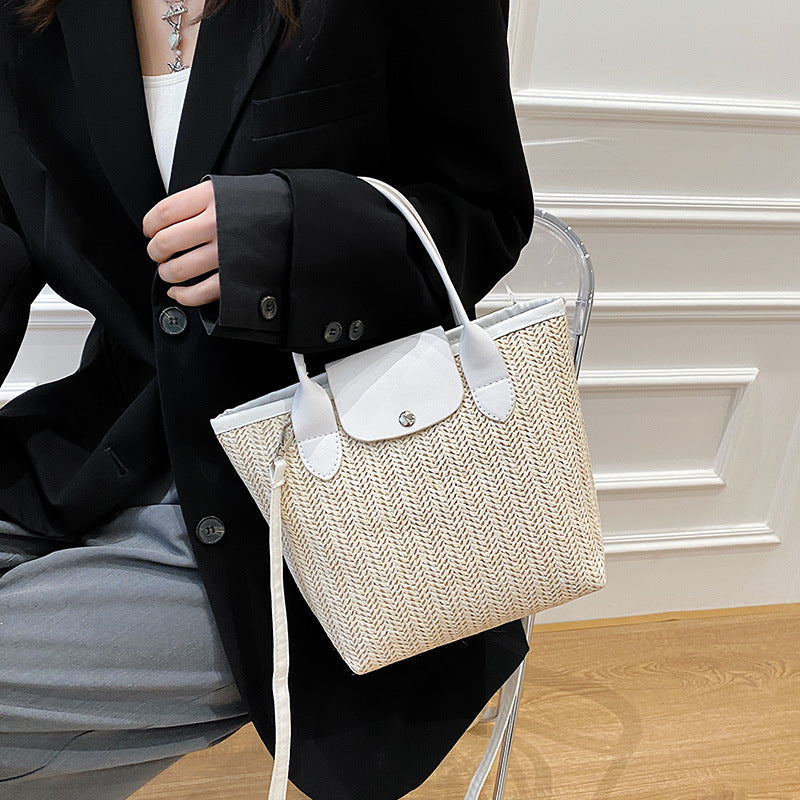 Large Capacity Straw Tote Bag with Shoulder Strap.