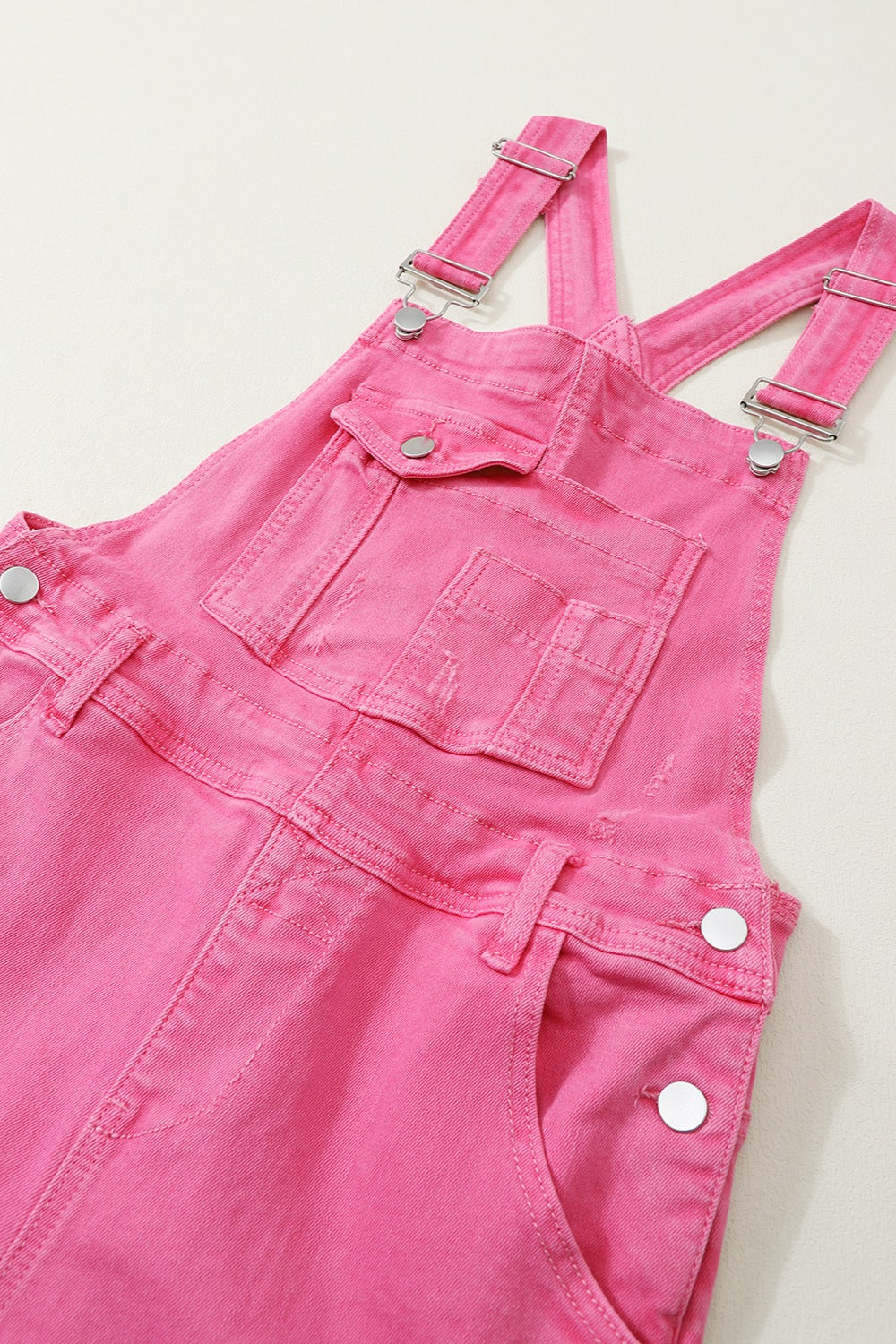 Fuchsia Pink Distressed Pocketed Wide Strap Denim Overalls