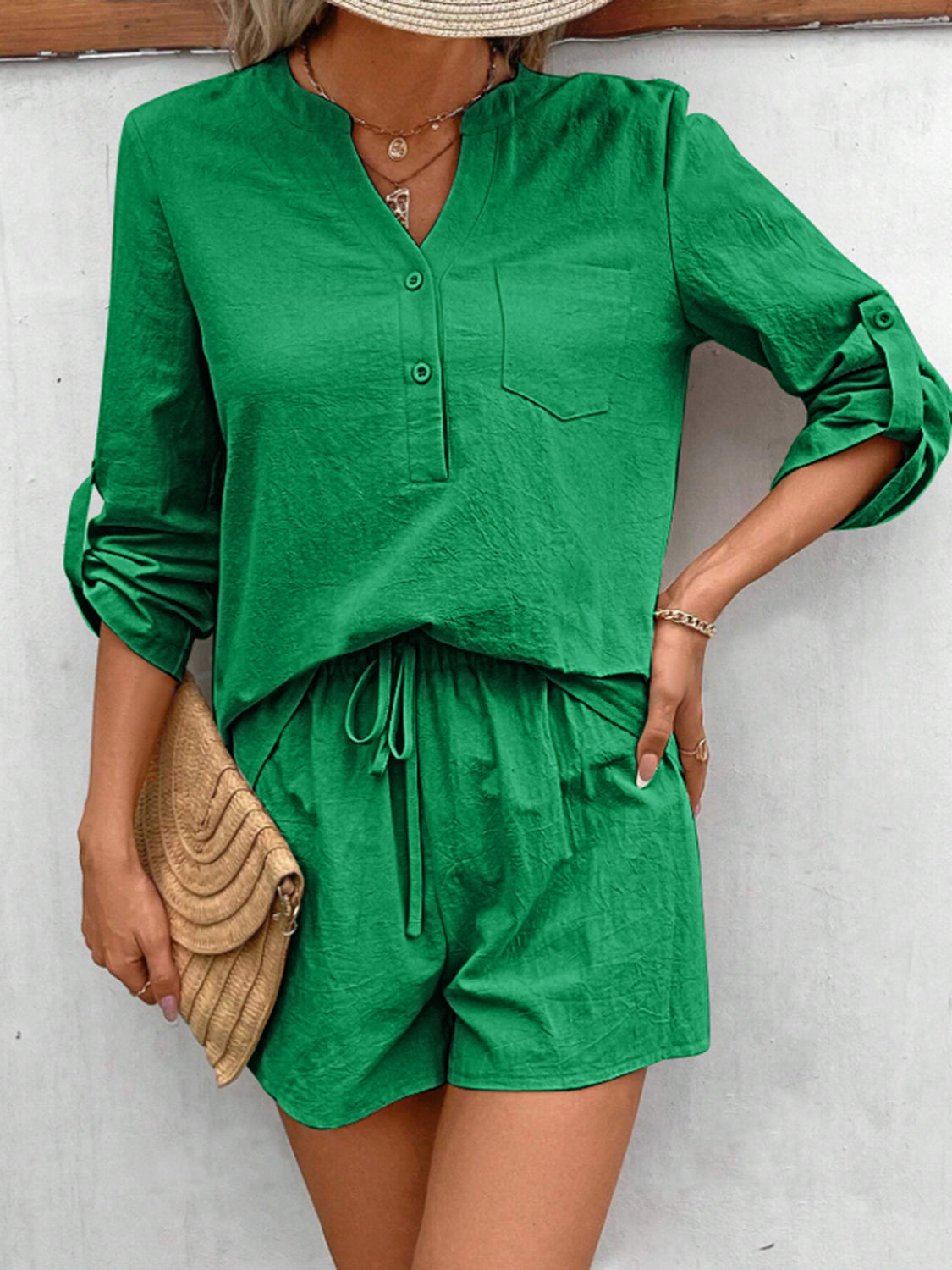 Buttoned Notched Long Sleeve Top and Shorts Set