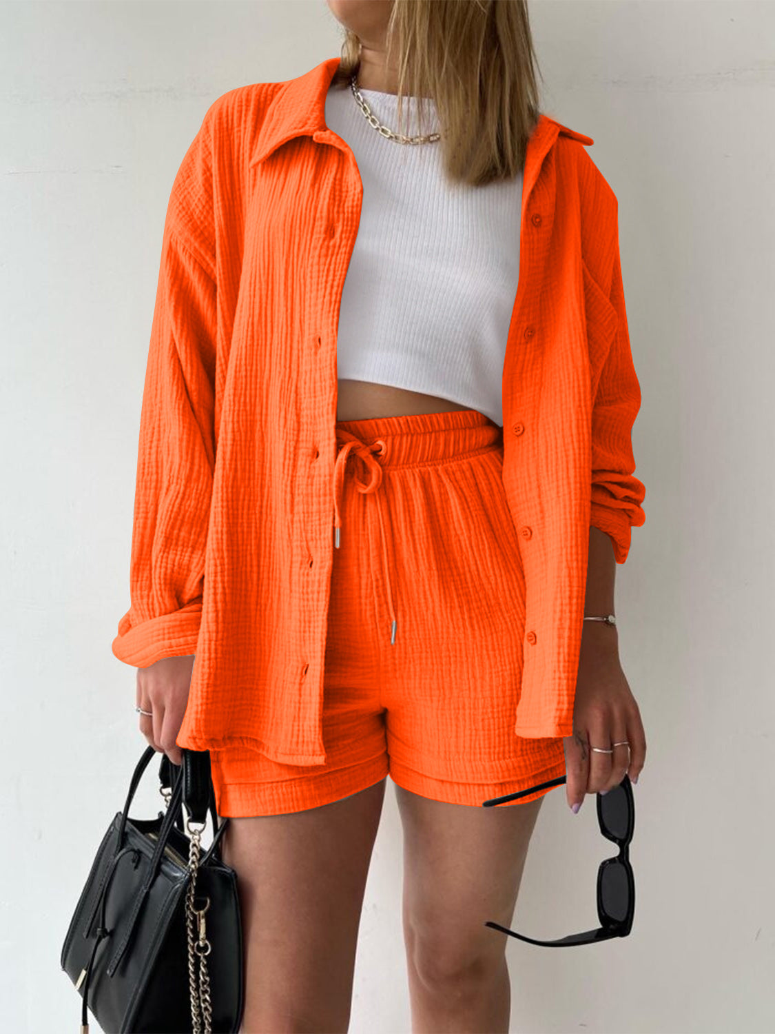 Casual Texture Button-Up Shirt and Drawstring Shorts Set