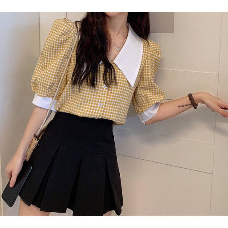 French Flair Puff Sleeve Plaid Shirt