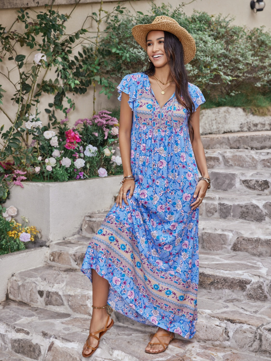 Meadow Bloom Printed Tie Neck Cap Sleeve Dress