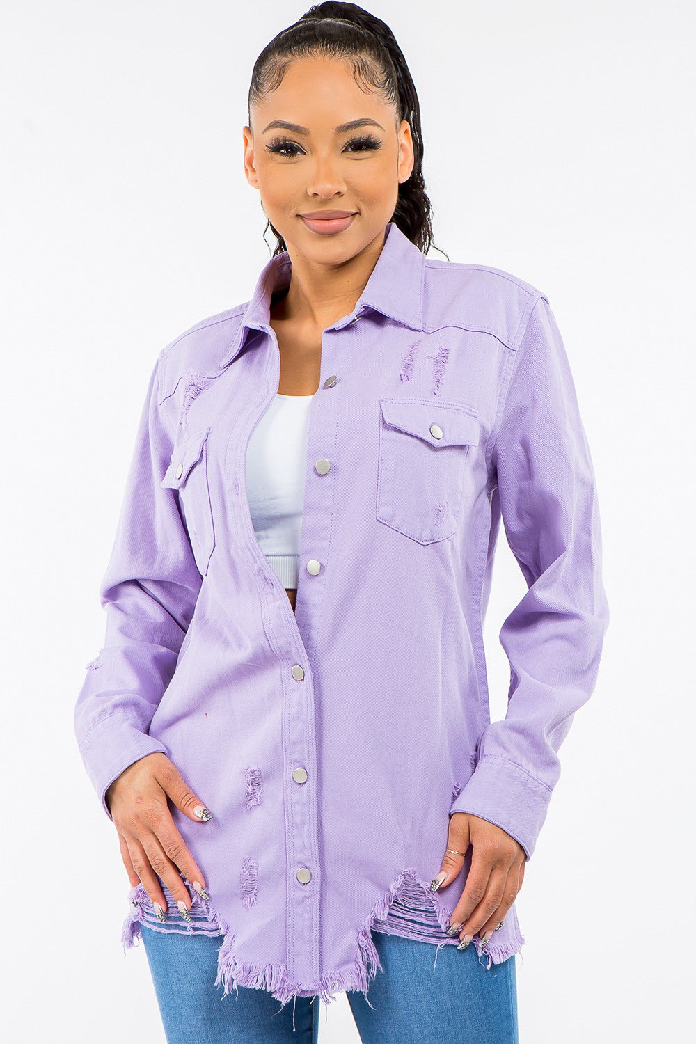 Lavender  Bazi Frayed Hem Distressed Denim Jacket