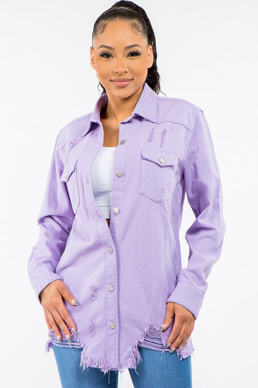 Lavender  Bazi Frayed Hem Distressed Denim Jacket