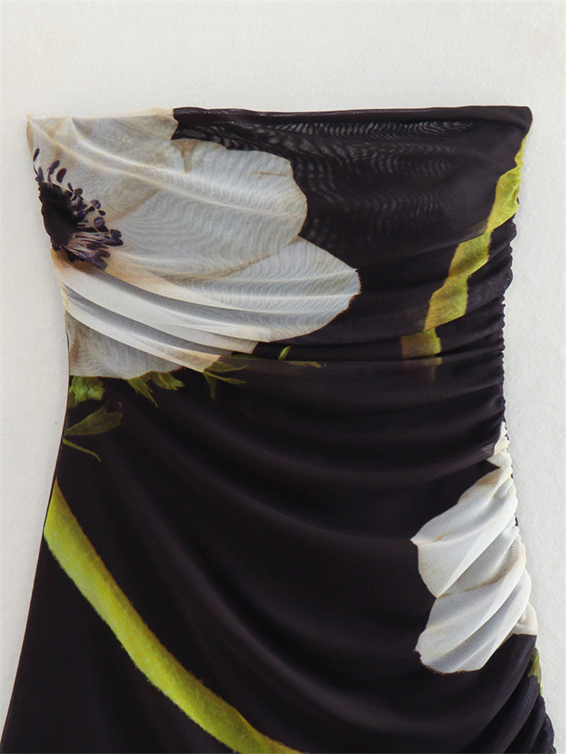 Floral Printed Silk Net Tube Top Dress