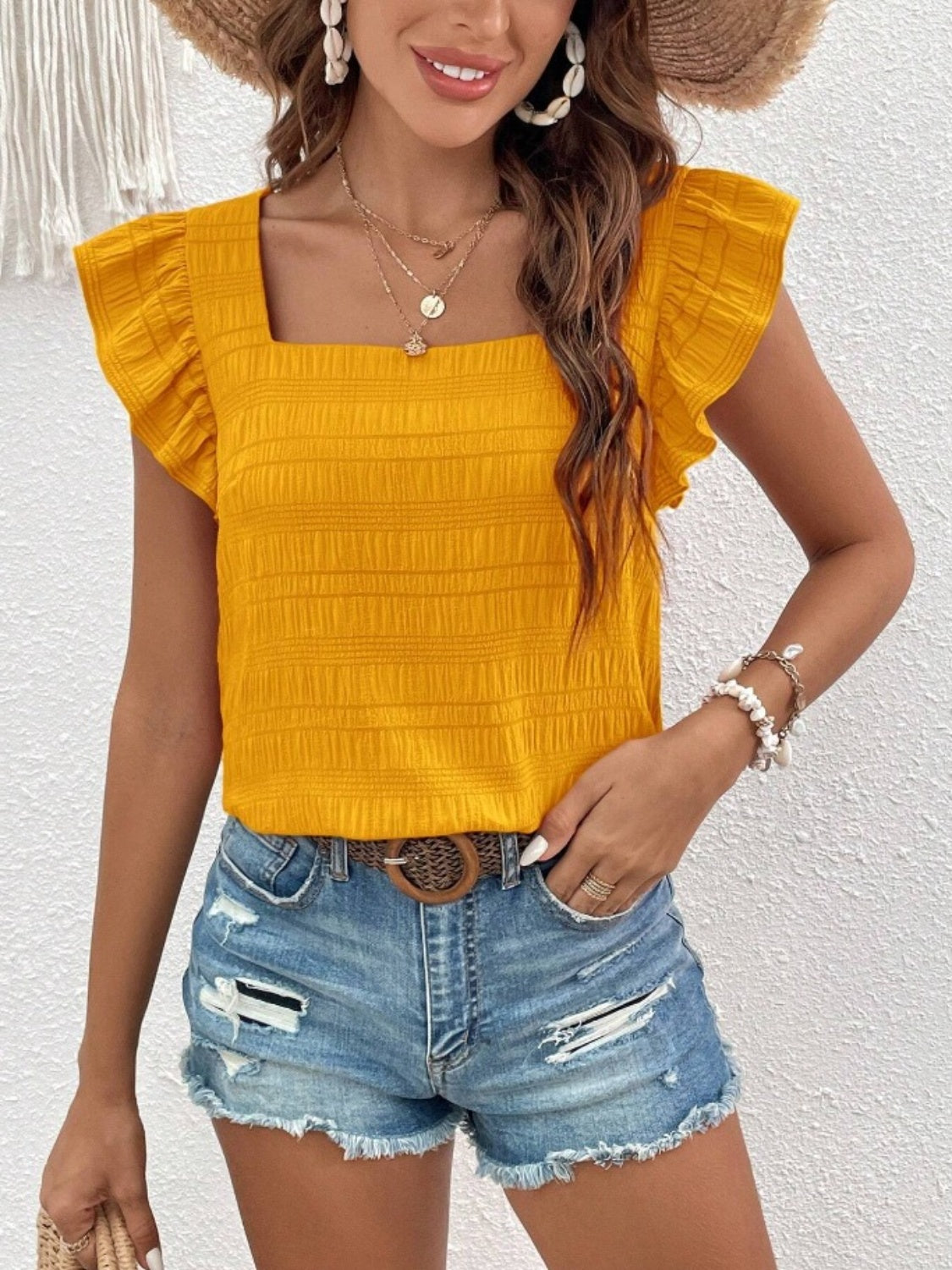 Ruffled Blouse with Square Neck & Cap Sleeve