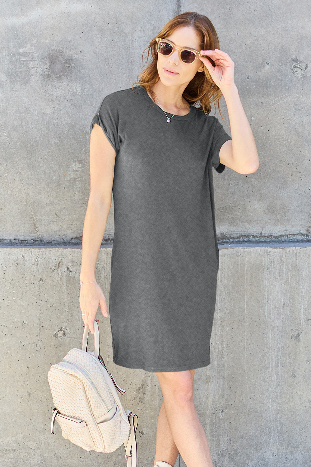 Comfy Round Neck Short Sleeve Dress with Pockets