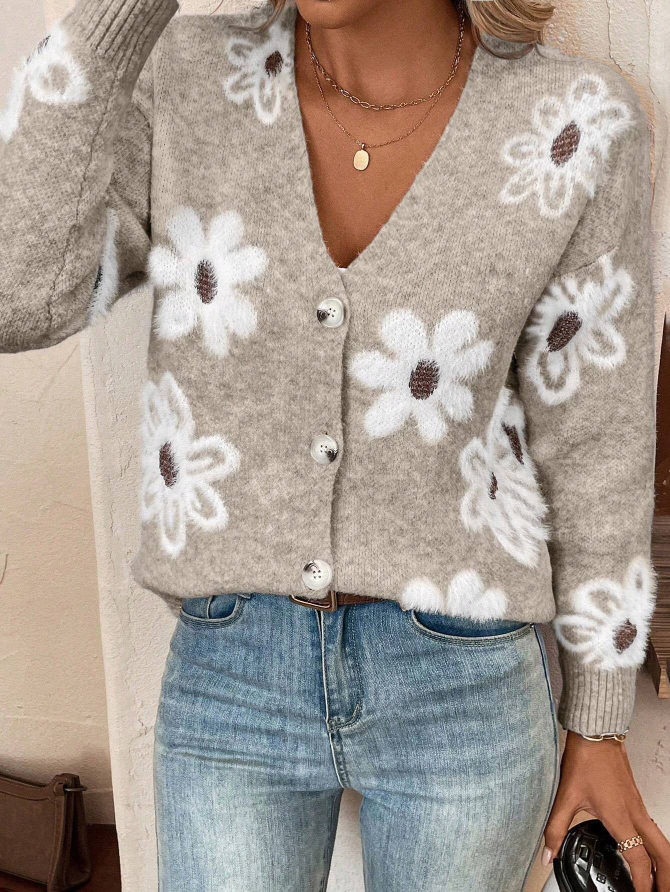 Floral Knit V neck Cardigan with Long Sleeve