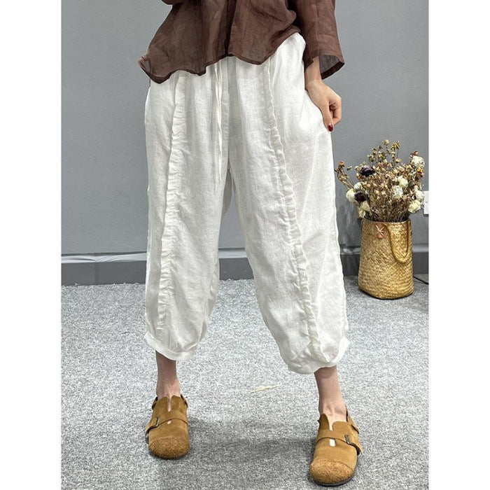 Washed Cotton And Linen Ear Tappered Harem Pants