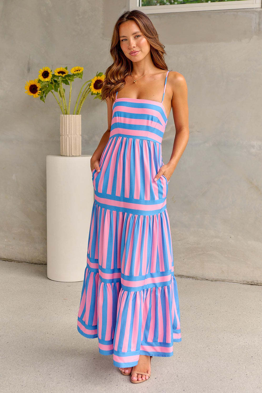 Summer Striped Printed Square Neck  Long  Backless Dress With Pockets