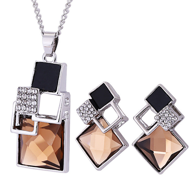 Diamond Square Two-Tone Crystal Two-piece Set  - Earring & Necklace