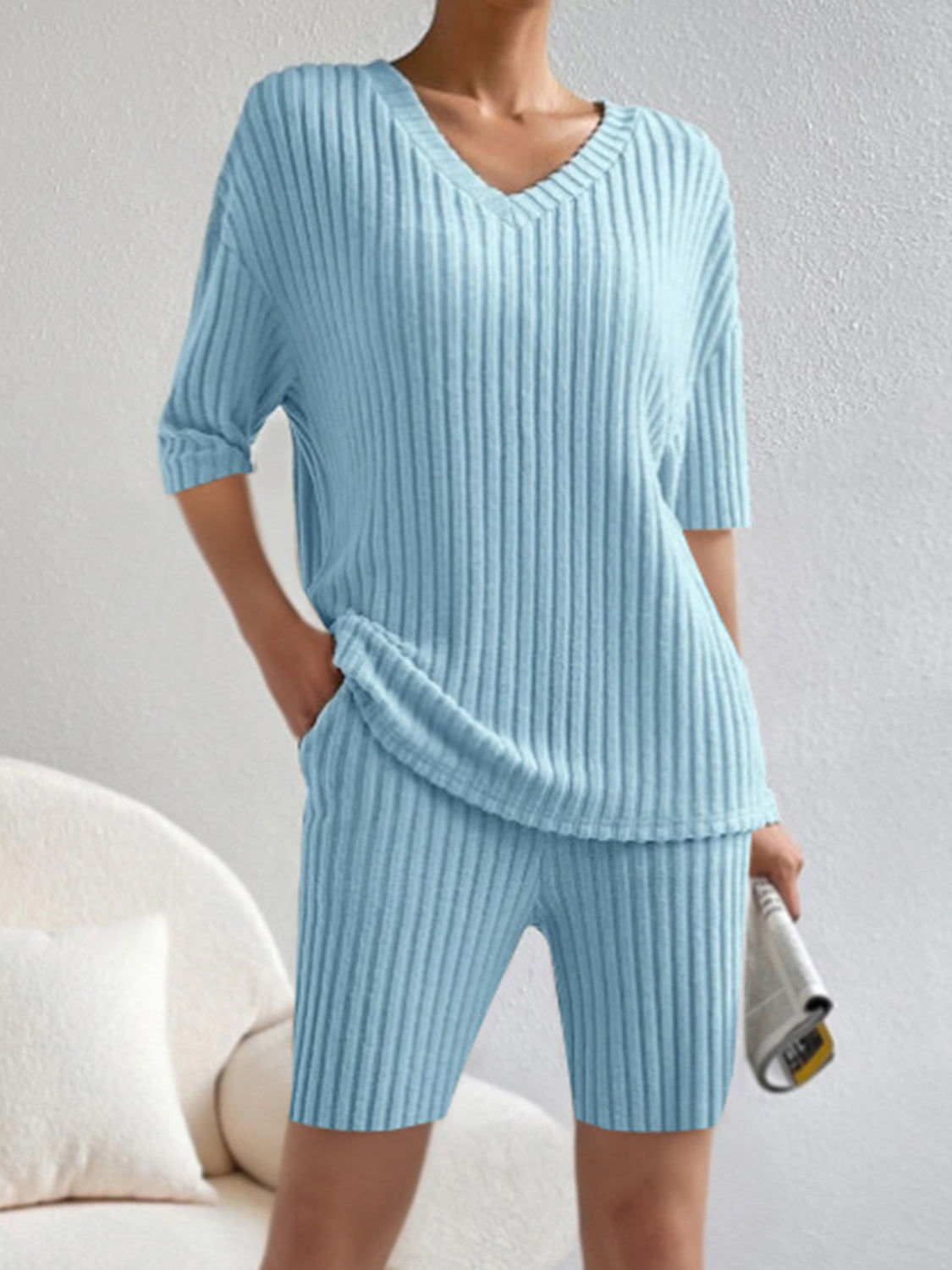 Snug Fit Ribbed V-Neck Top and Shorts Set