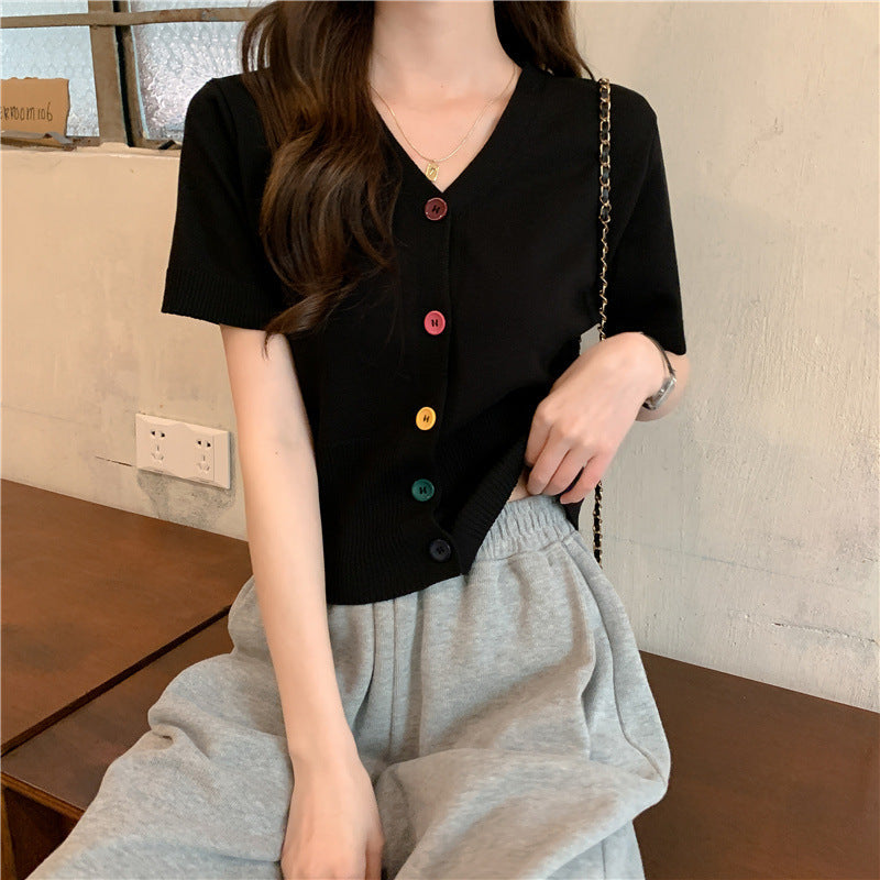 Ice Silk Knitted Short Sleeve Blouse