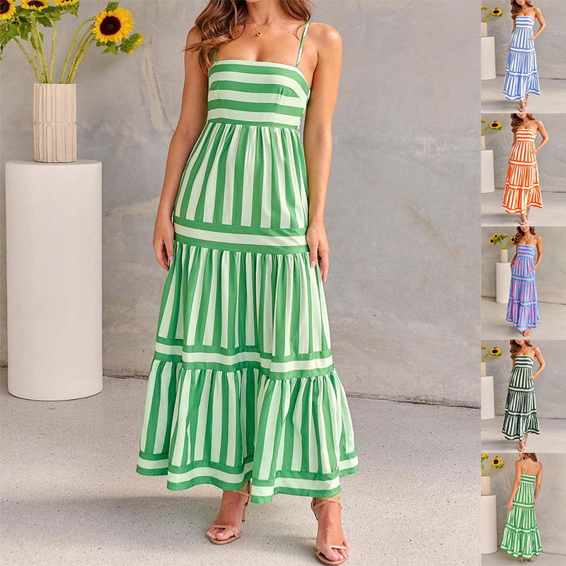 Summer Striped Printed Square Neck  Long  Backless Dress With Pockets